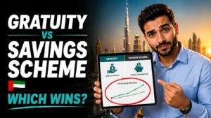 UAE employee comparing gratuity vs the alternative end of service savings scheme on a tablet