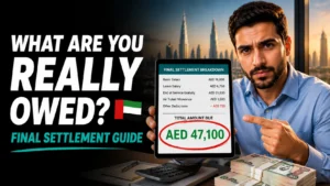 Man reviewing his UAE final settlement breakdown on a tablet showing salary, gratuity, and total amount