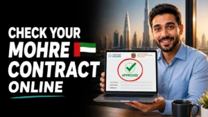 Man checking his MOHRE labour contract status online on a laptop showing an approved checkmark, UAE